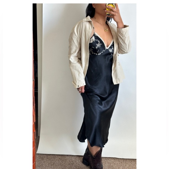 VINTAGE 90s Satin Slip Dress Black Floral With Lace Size- Small, also fits a M - Picture 3 of 13